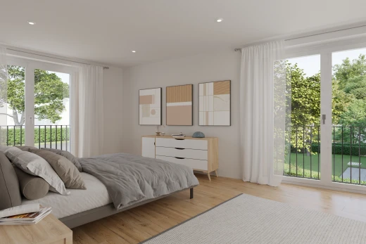 chambre avec lumière naturelle et plancher de bois