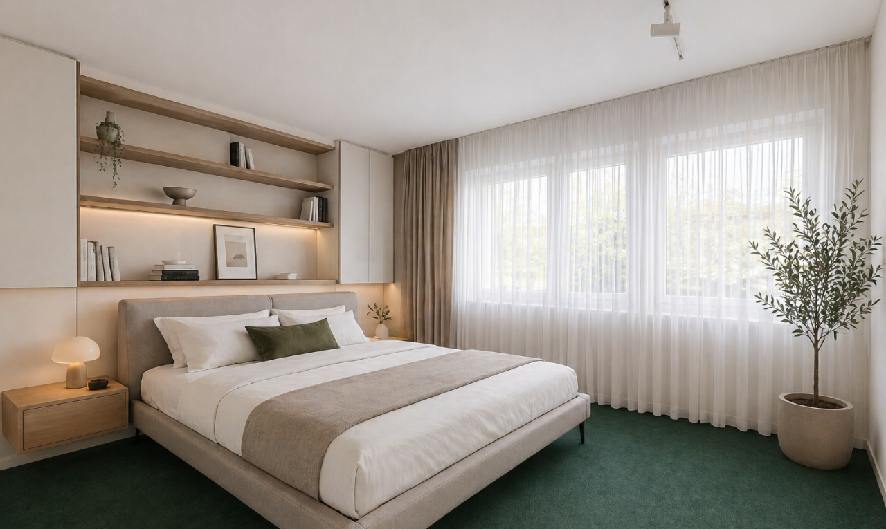 zimmer / schlafzimmer mit teppich, carpet, inside property, natürliches licht, und natural light