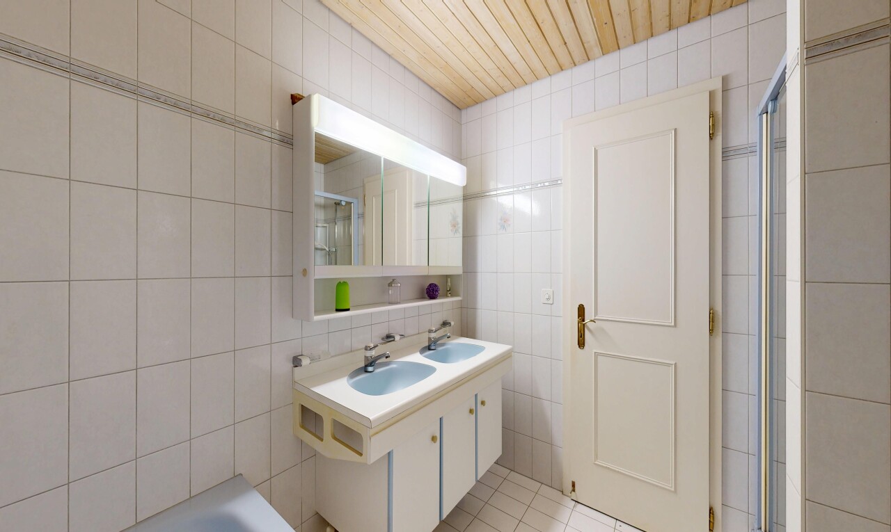 bad mit tile wall, fliesenwand, komplettes badezimmer, spiegel, und doppelwaschtisch