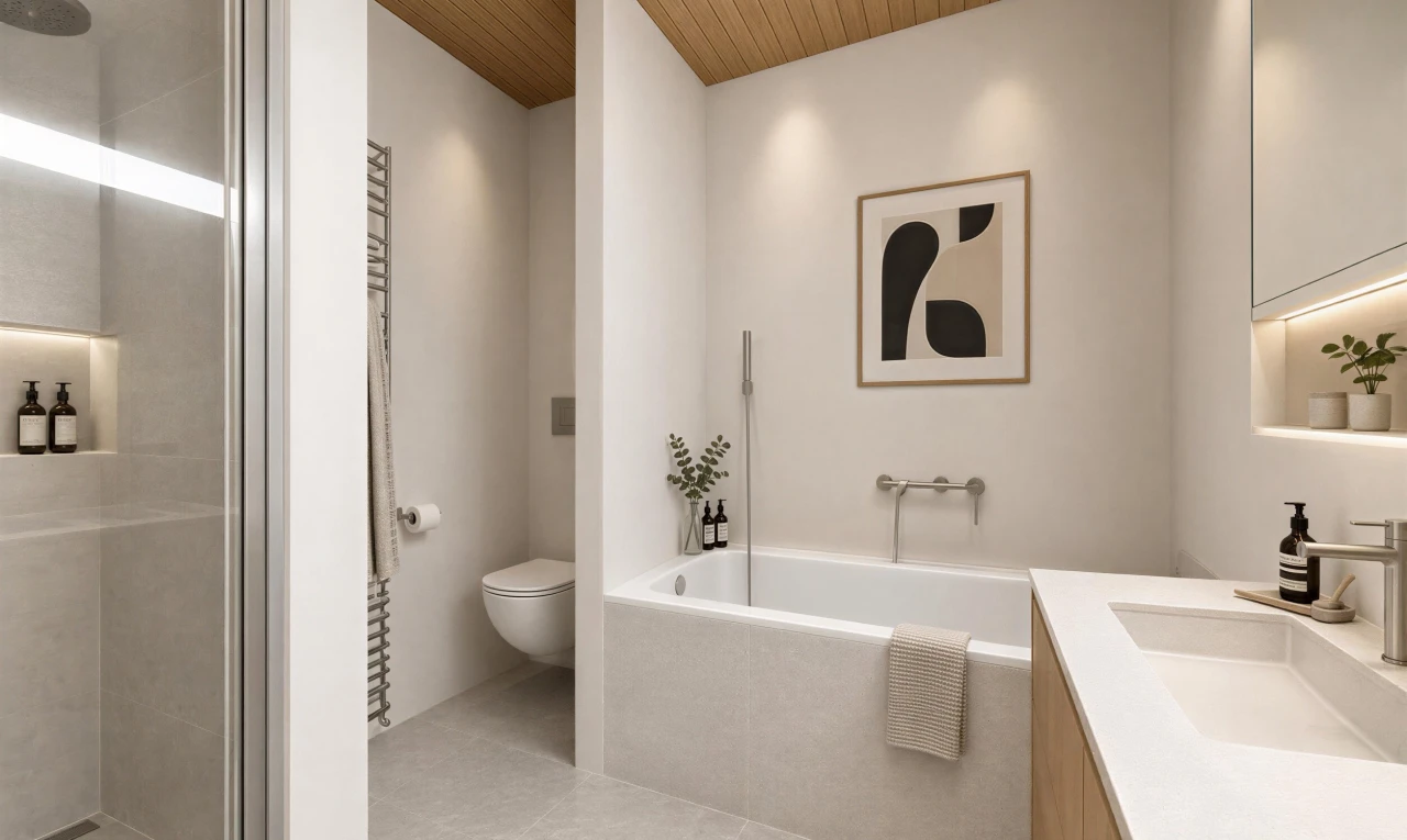 bad mit fliesenwand, tile wall, komplettes badezimmer, schminktisch, und fliesenboden
