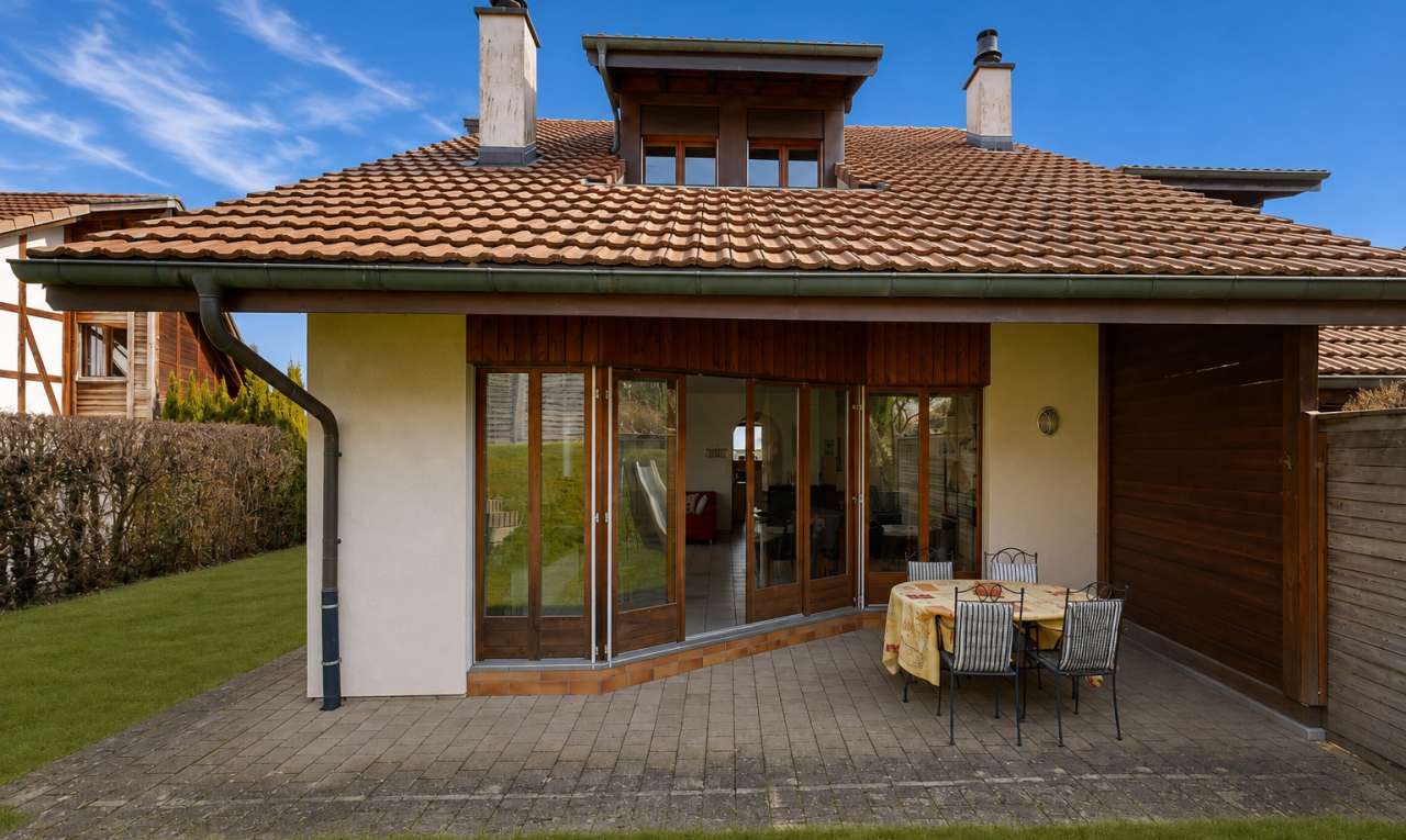 façade avec terrasse, toit en tuiles, bardage en stuc, cheminée, et property visible