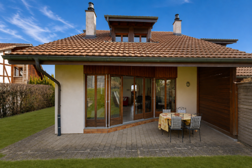 façade avec terrasse, toit en tuiles, bardage en stuc, cheminée, et property visible