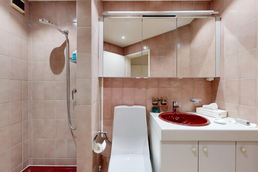 bad mit inside property, schminktisch, komplettes badezimmer, waschbecken, und fliesenwand