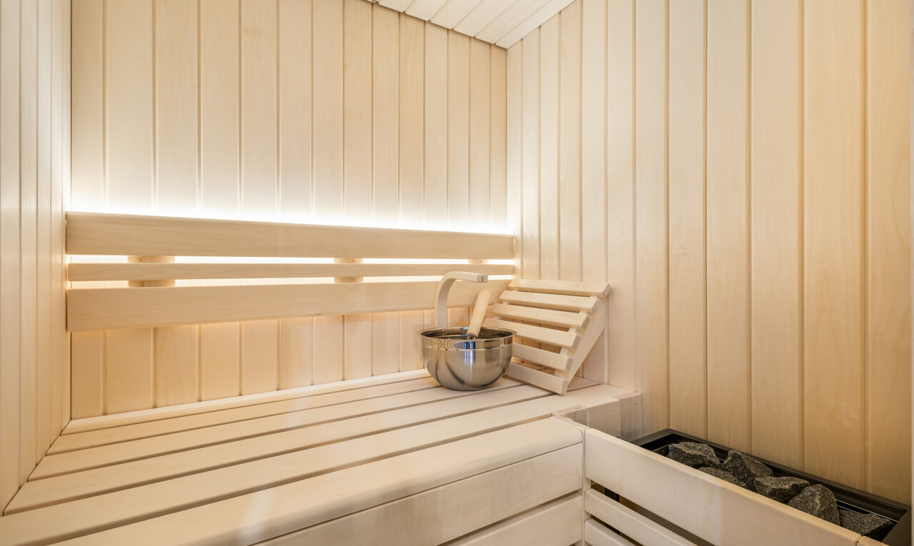 chambre avec sauna, inside property, mur en bois, et wood wall