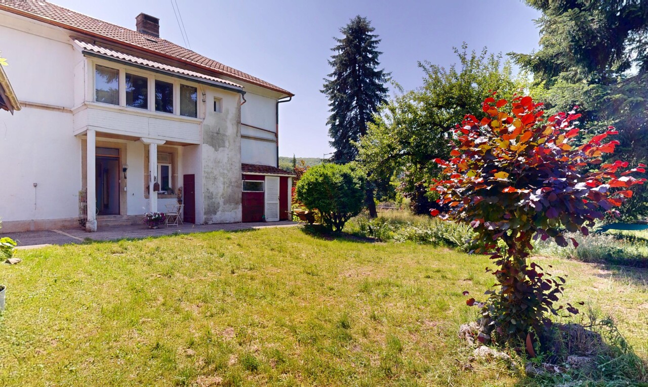 façade avec pelouse, cheminée, property visible, et bardage en stuc