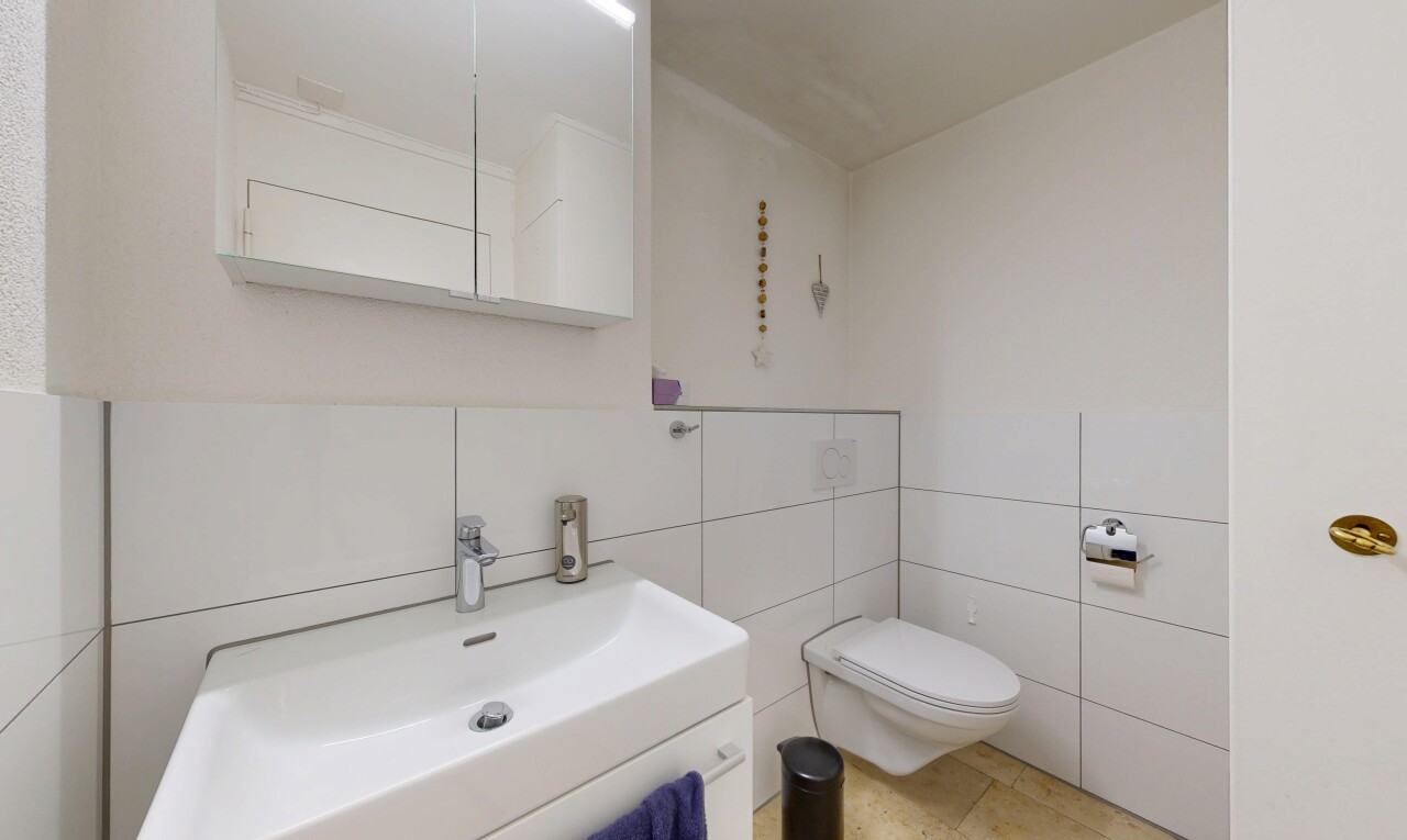 salle de bains avec lavabo (ou coiffeuse selon le contexte), miroir, toilette, inside property, et évier