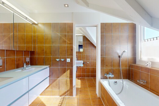 bad mit komplettes badezimmer, bad, fliesenwand, fliesenboden, und natürliches licht