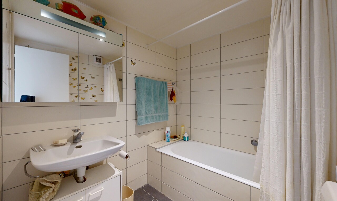salle de bains avec mur en carrelage, tile wall, salle de bain complète, inside property, et évier