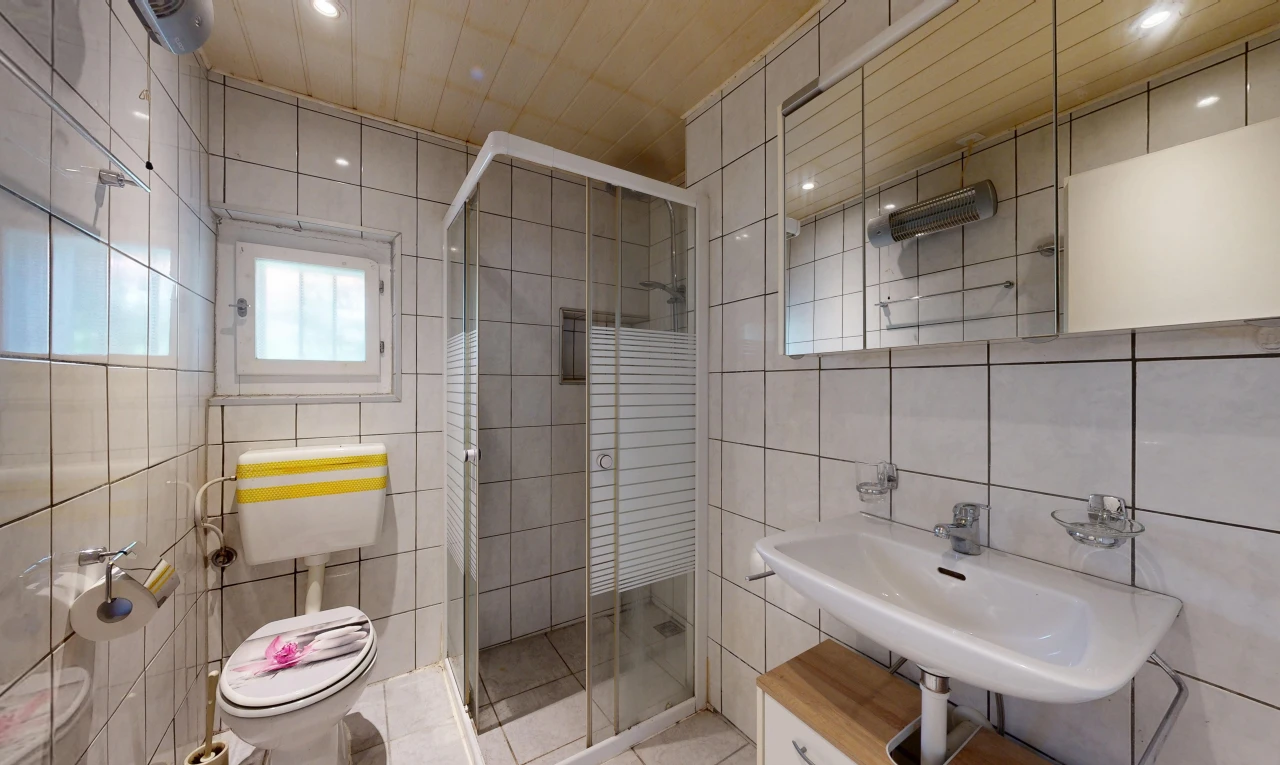 salle de bains avec salle de bain complète, douche, évier, toilette, et miroir