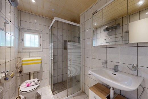 salle de bains avec salle de bain complète, douche, évier, toilette, et miroir