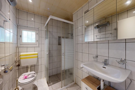 salle de bains avec salle de bain complète, douche, évier, toilette, et miroir