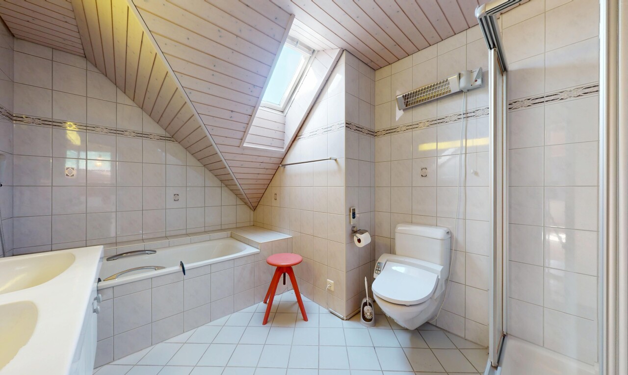 salle de bains avec mur en carrelage, tile wall, puits de lumière, salle de bain complète, et sol en carrelage