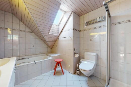 salle de bains avec mur en carrelage, tile wall, puits de lumière, salle de bain complète, et sol en carrelage
