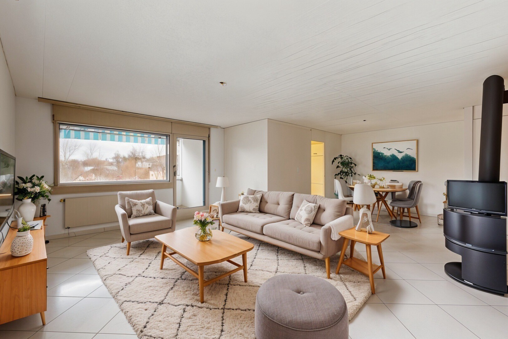 salon avec lumière naturelle, carrelage, télévision, et poêle à bois