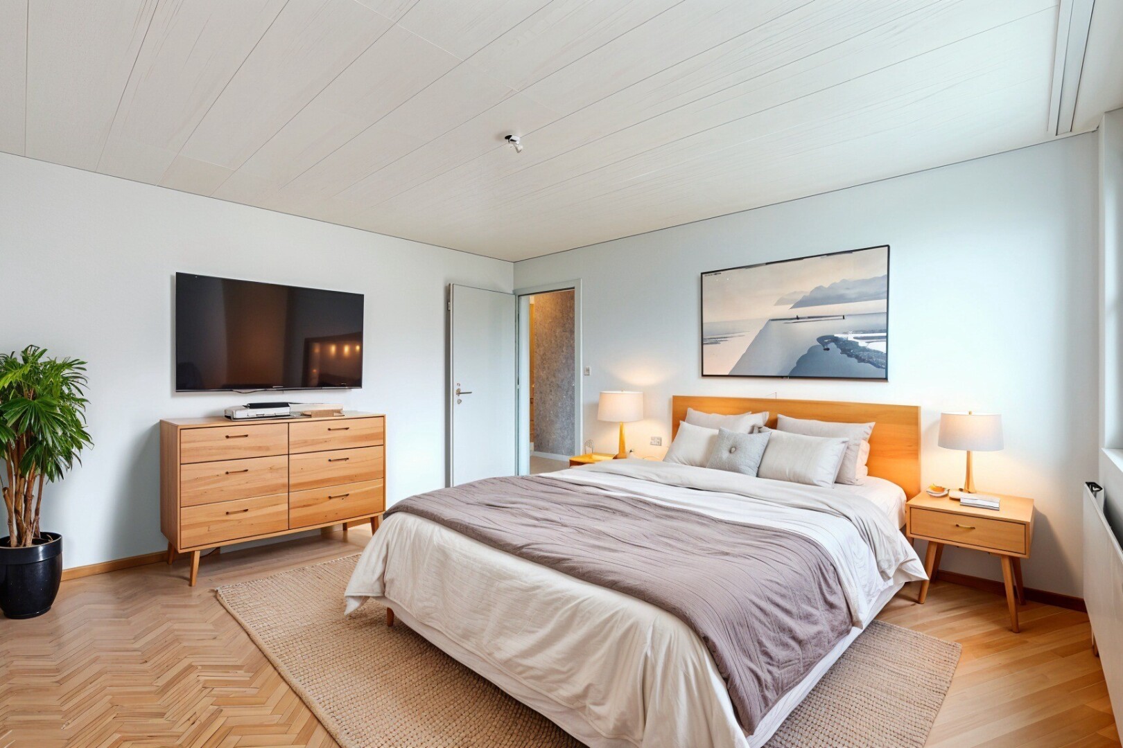 chambre avec parquet et télévision