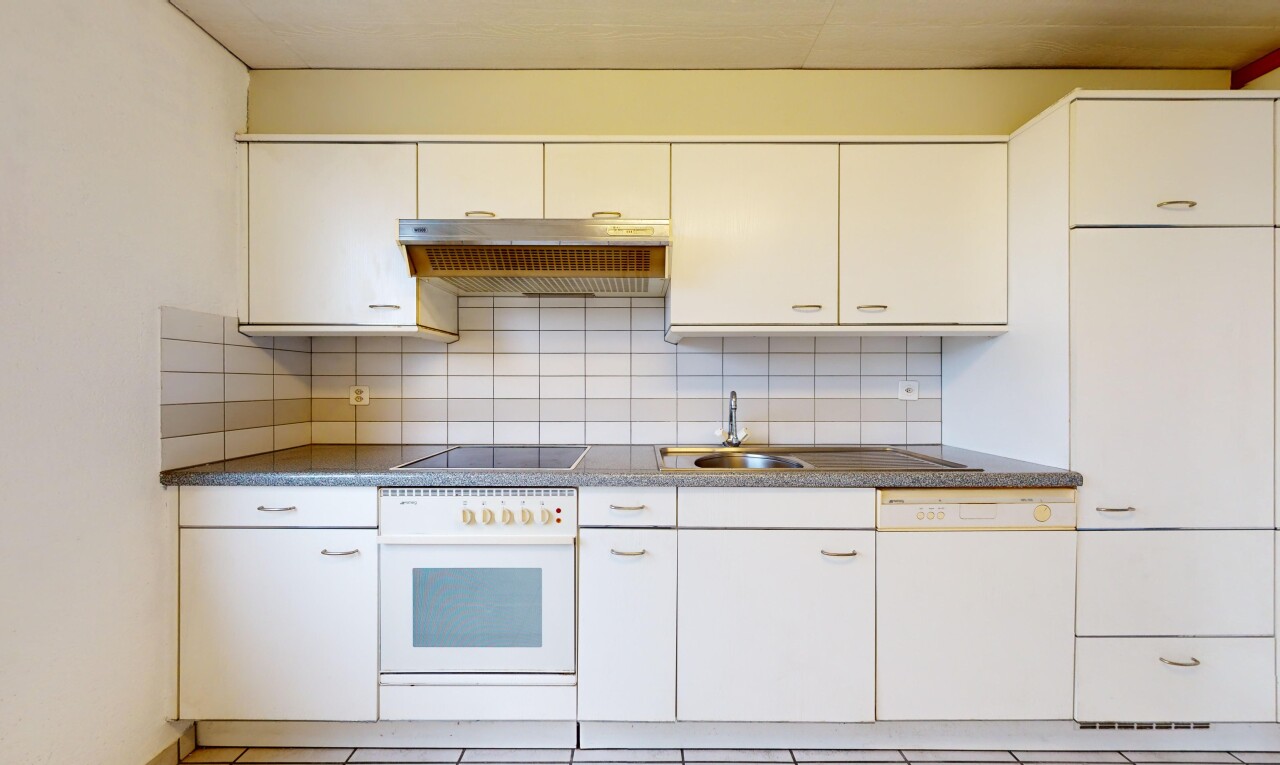 cuisine avec cuisinière, four, vasque, hotte, et lave-vaisselle