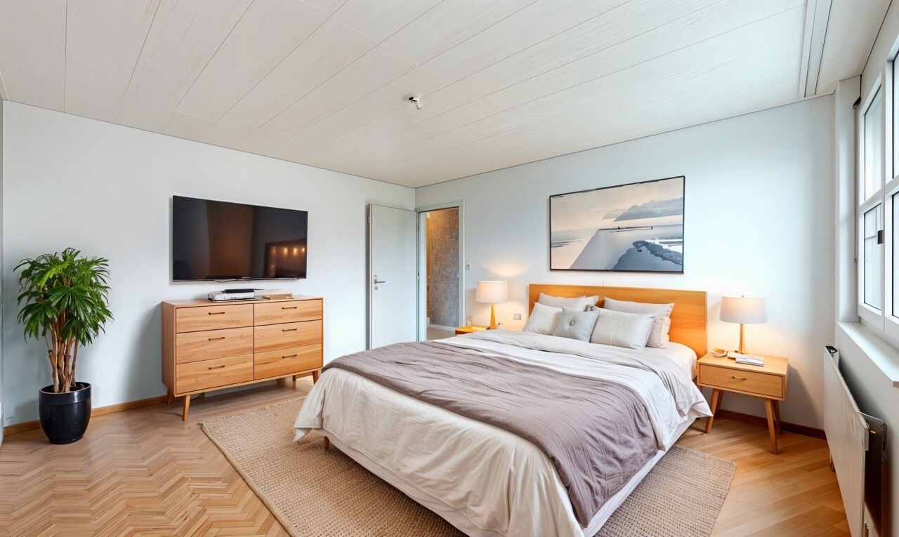 chambre avec parquet et télévision