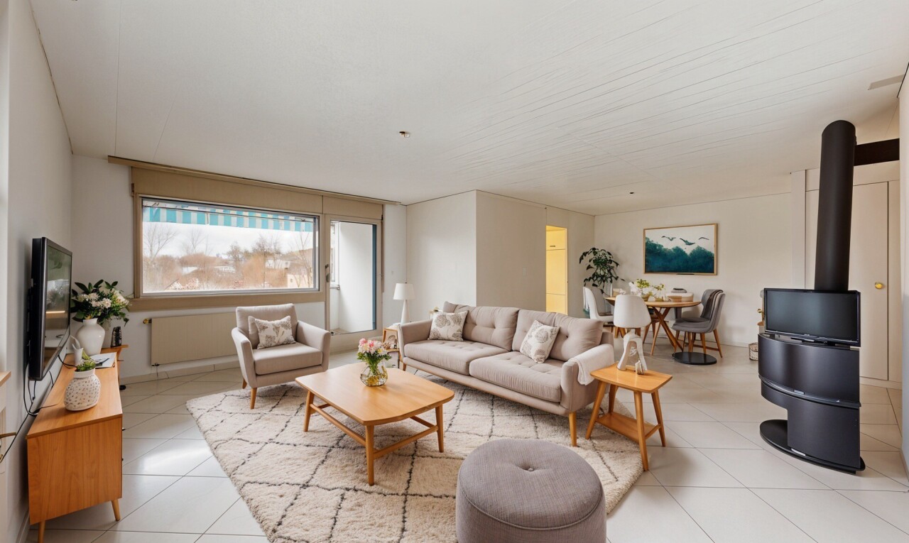 salon avec lumière naturelle, carrelage, télévision, et poêle à bois