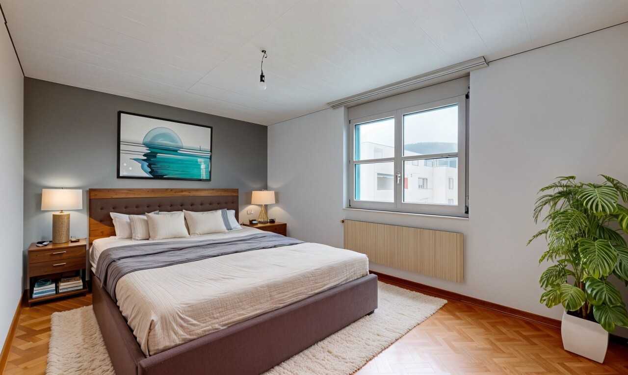 chambre avec lumière naturelle, radiateur, et parquet