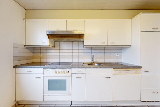 cuisine avec cuisinière, four, vasque, hotte, et lave-vaisselle