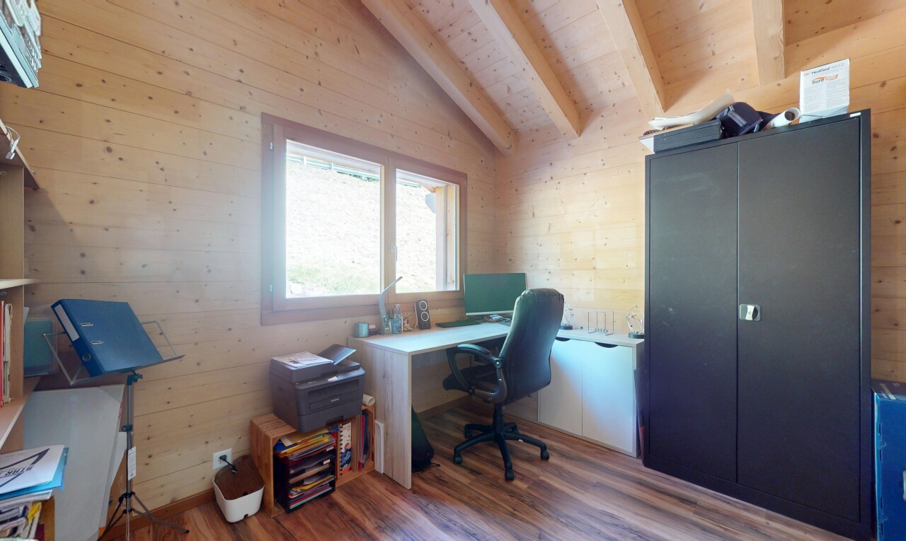 bureau avec télévision, mur en bois, wood wall, plafond voûté, et vaulted ceiling