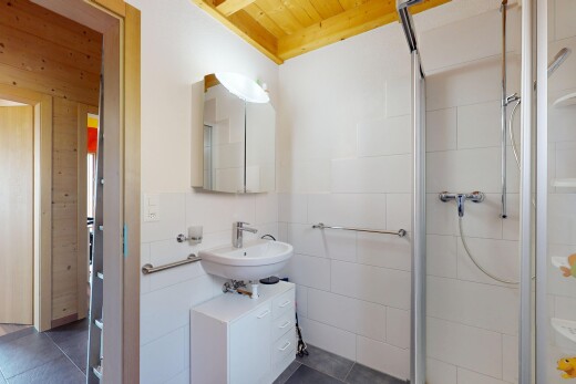 salle de bains avec plafond en bois, wood ceiling, évier, miroir, et inside property