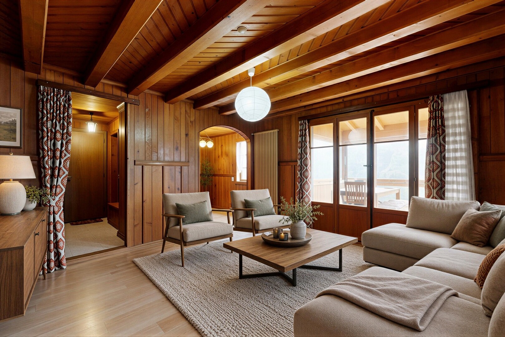 salon avec passages en arc, inside property, mur en bois, wood wall, et sol en finition bois