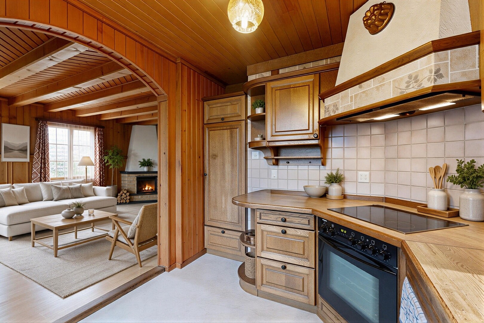 cuisine avec plafond en bois, wood ceiling, étagères ouvertes, open shelves, et hotte