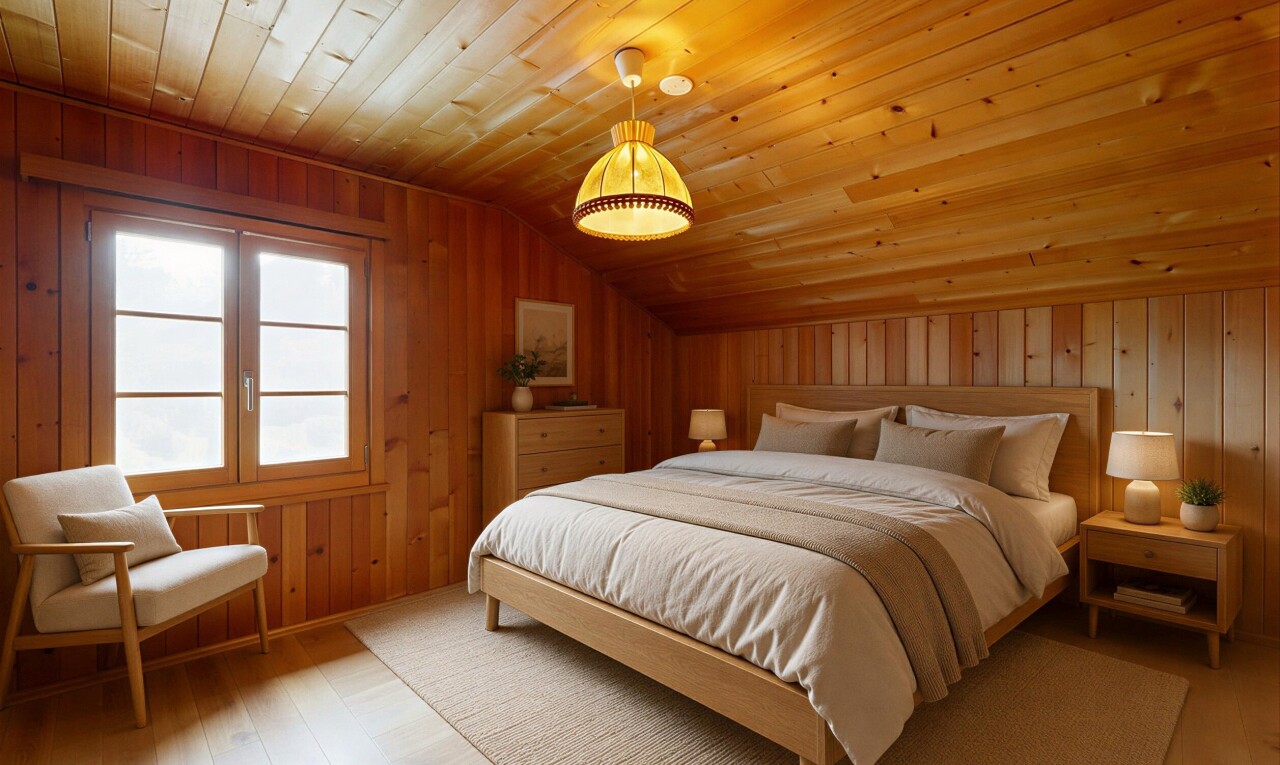 chambre avec mur en bois, wood wall, inside property, sol en finition bois, et wood finish floor