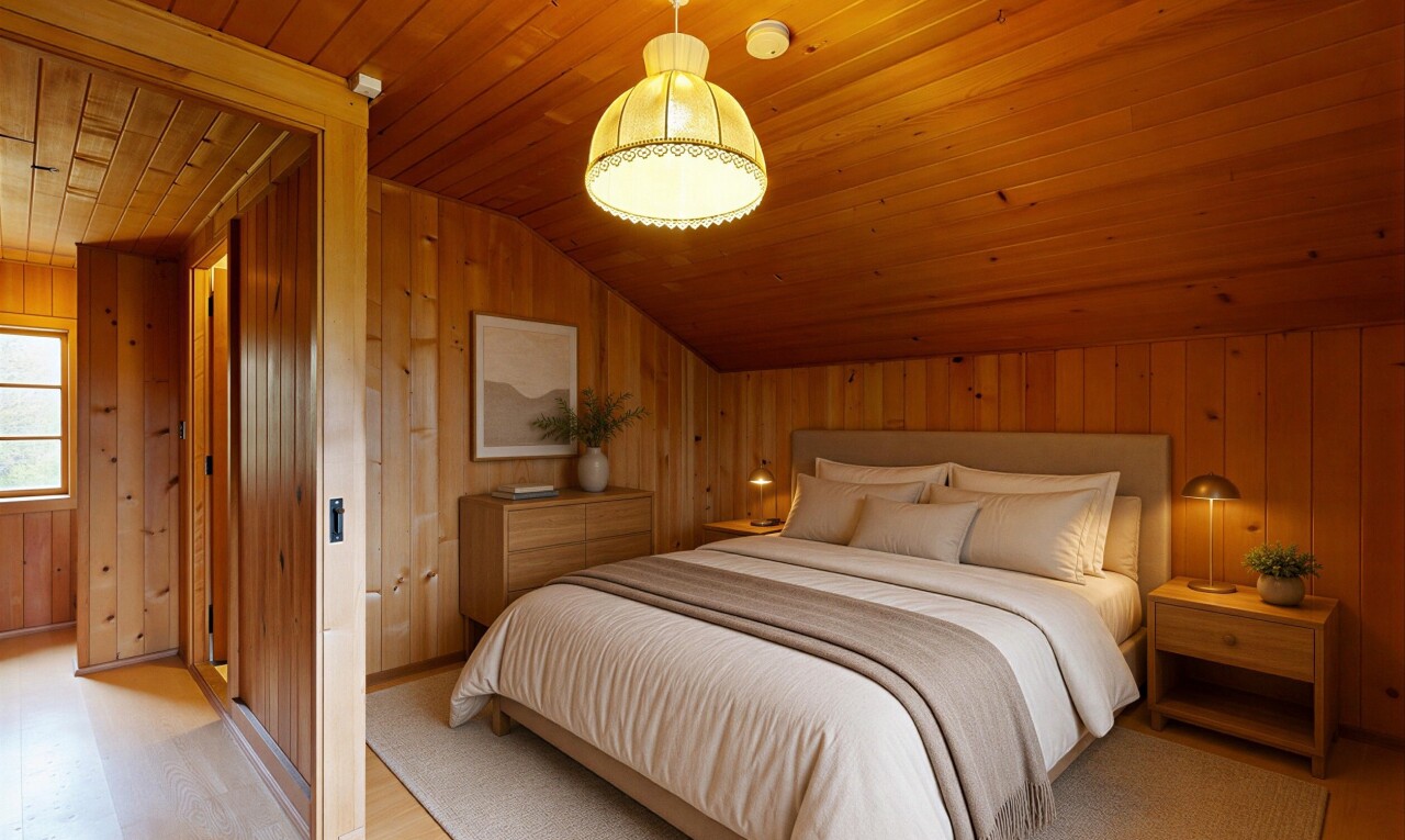 chambre avec mur en bois, wood wall, sol en finition bois, wood finish floor, et plafond voûté