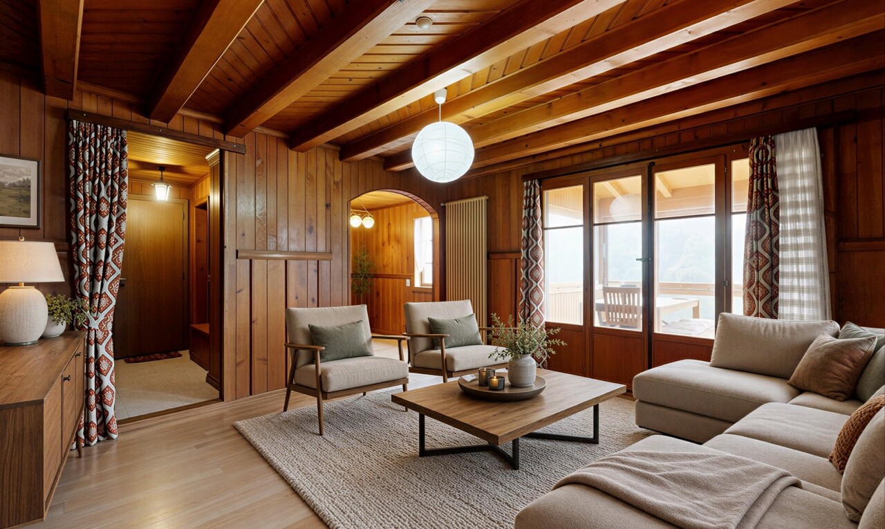 salon avec passages en arc, inside property, mur en bois, wood wall, et sol en finition bois
