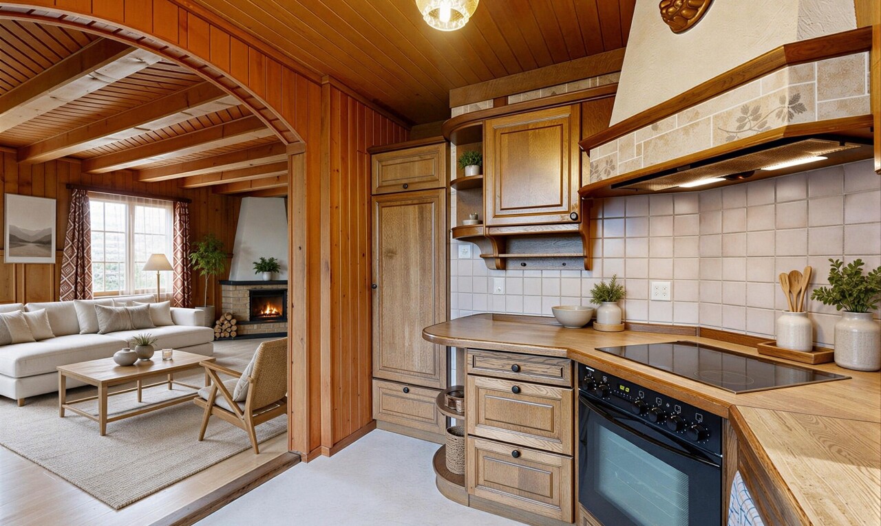 cuisine avec plafond en bois, wood ceiling, étagères ouvertes, open shelves, et hotte