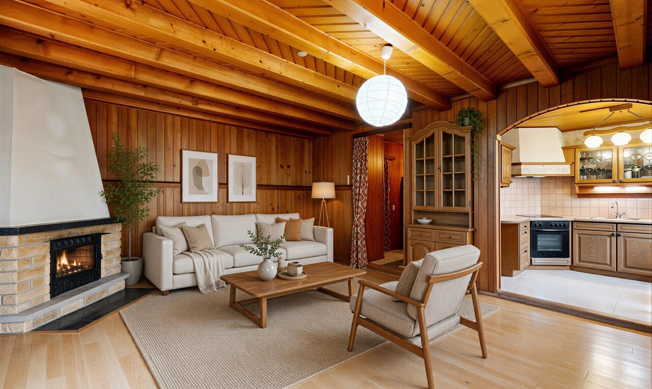 salon avec sol en finition bois, wood finish floor, inside property, mur en bois, et wood wall