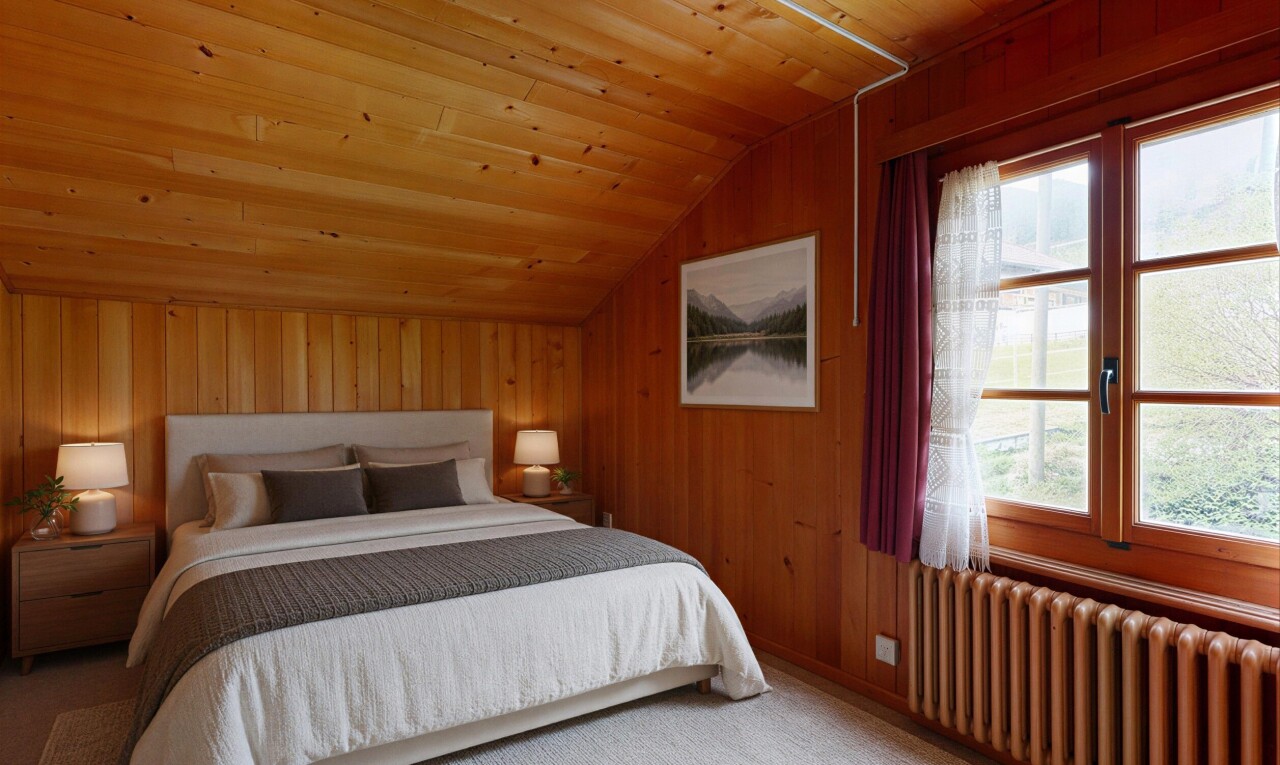 chambre avec radiateur, mur en bois, wood wall, plafond en bois, et wood ceiling