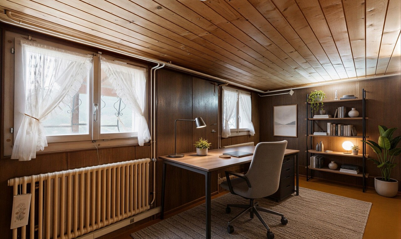 bureau avec radiateur, plafond en bois, wood ceiling, espace bureau, et inside property
