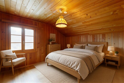 chambre avec mur en bois, wood wall, inside property, sol en finition bois, et wood finish floor