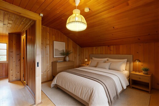 chambre avec mur en bois, wood wall, sol en finition bois, wood finish floor, et plafond voûté