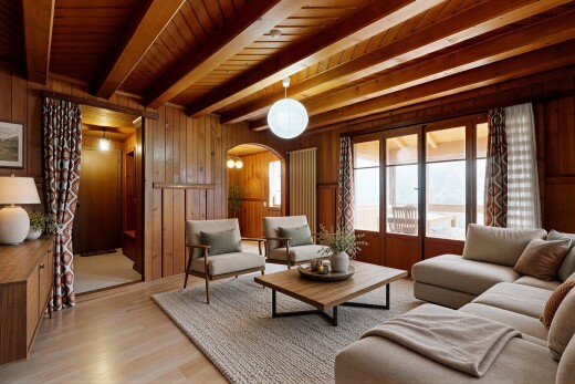 living area with arched walkways, wood walls, wood finished floors, and a wood ceiling with exposed beams