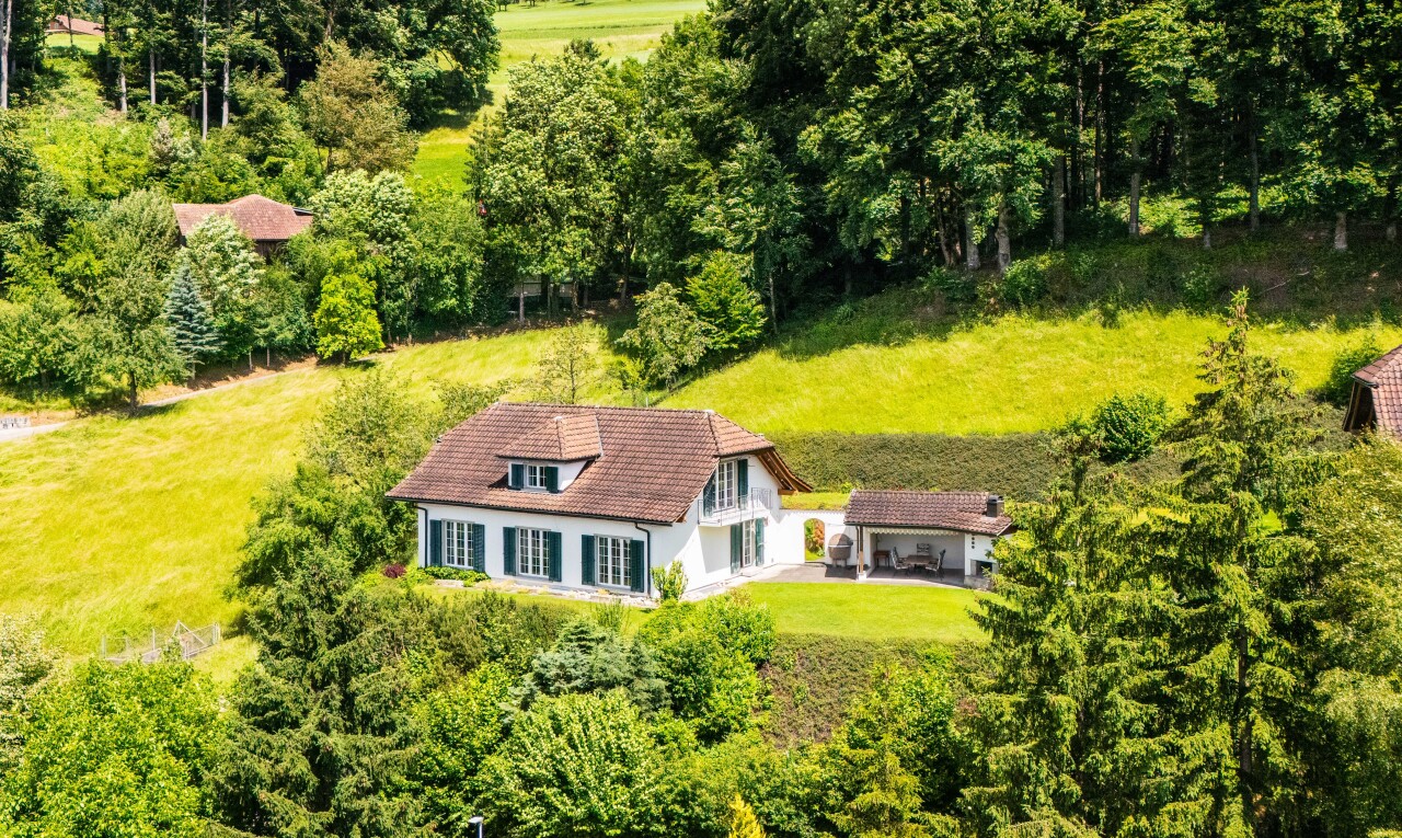 außenansicht mit dachgaube, property visible, und rasen
