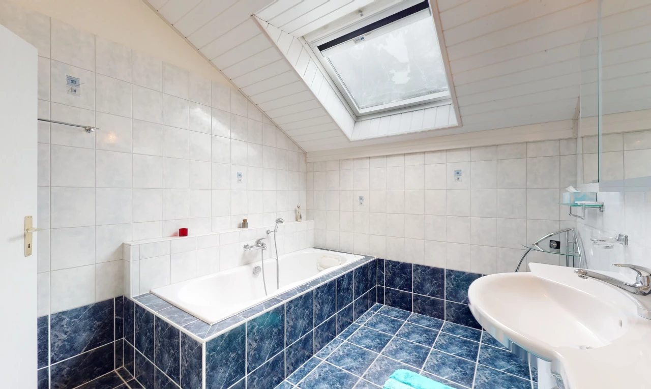 salle de bains avec lucarne, lumière naturelle, carrelage, plafond voûté, vasque, et baignoire