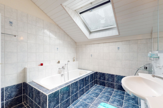 salle de bains avec lucarne, lumière naturelle, carrelage, plafond voûté, vasque, et baignoire