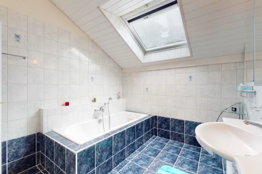 salle de bains avec lucarne, lumière naturelle, carrelage, plafond voûté, vasque, et baignoire