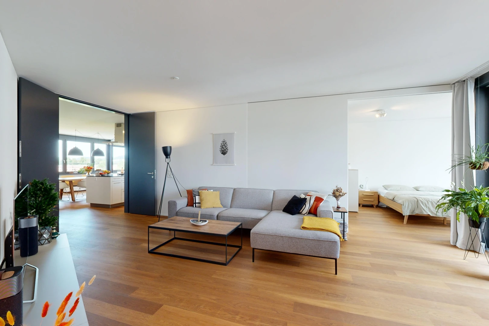 salon avec fenêtres du sol au plafond, plancher de bois, et lumière naturelle