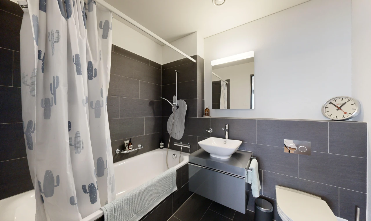 salle de bains avec vasque, toilettes, miroir, mur carrelé, et bain-douche