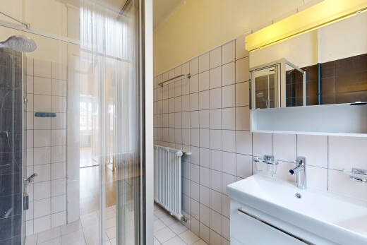 salle de bains avec douche, salle de bain complète, radiateur, miroir, et tile wall