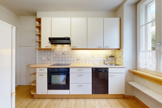 küche mit open shelves, offene regale, light countertops, arbeitsplatten, und ofen