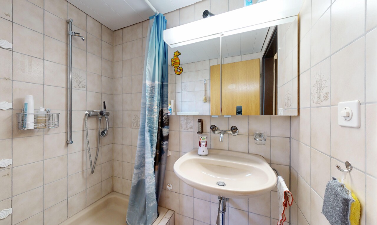 bad mit tile wall, fliesenwand, dusche, komplettes badezimmer, und waschbecken
