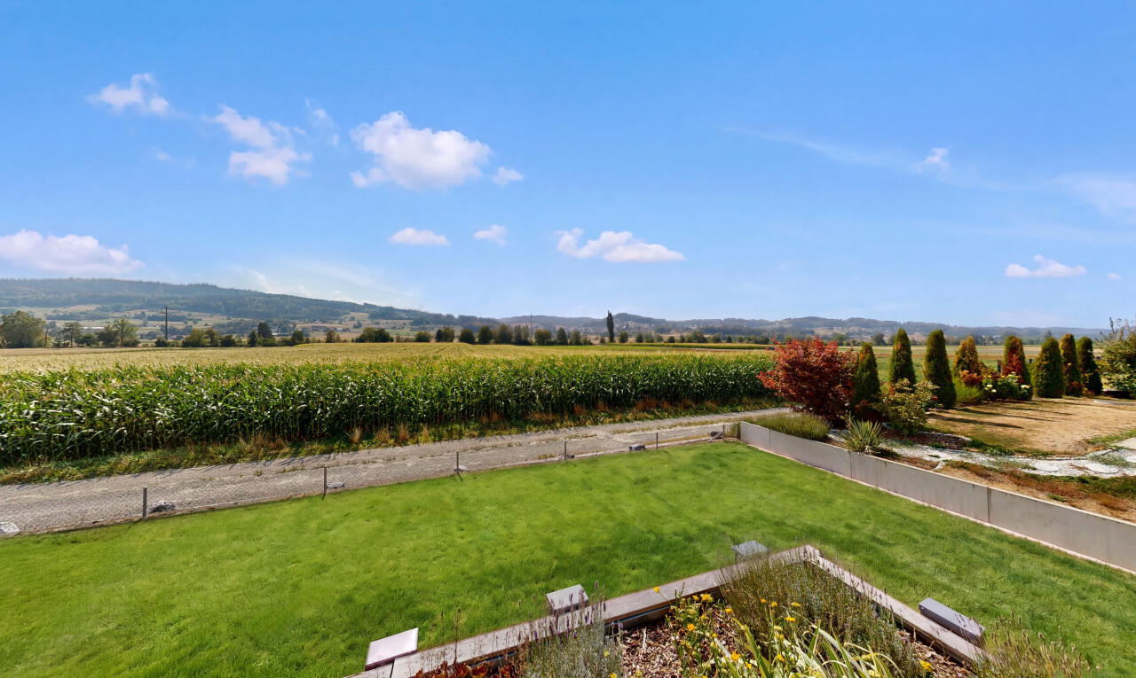 garten mit ländliche aussicht, rural view, from property, blick auf obstgarten/agrarland, und orchard / agricultural view