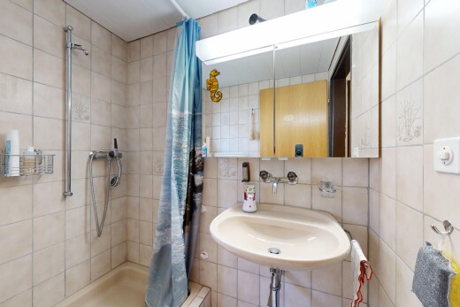 salle de bains avec tile wall, mur en carrelage, douche, salle de bain complète, et évier