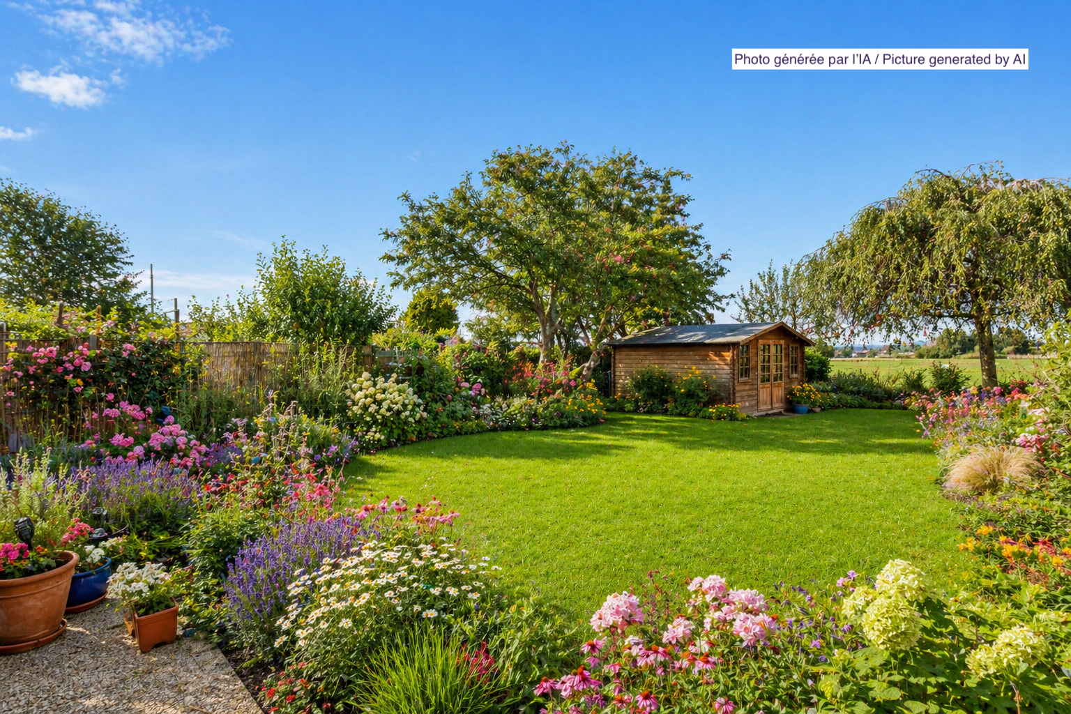 jardin avec structure extérieure, from property, day time, pelouse, et clôture